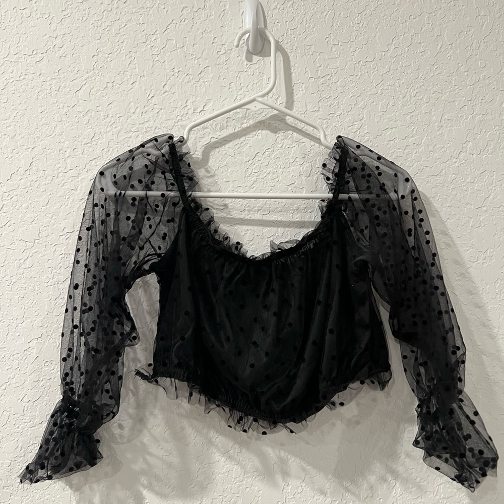Black cropped sheer sleeved top